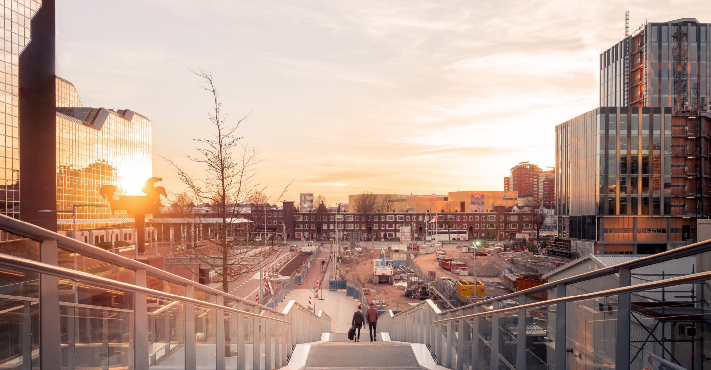 Stairs going down with sunset in background